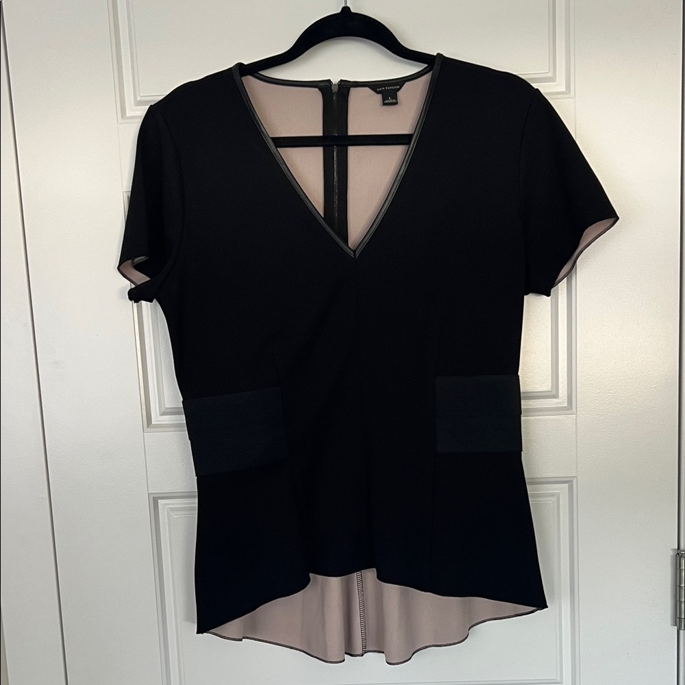 Ann Taylor Black V-Neck Blouse with Sheer Accents